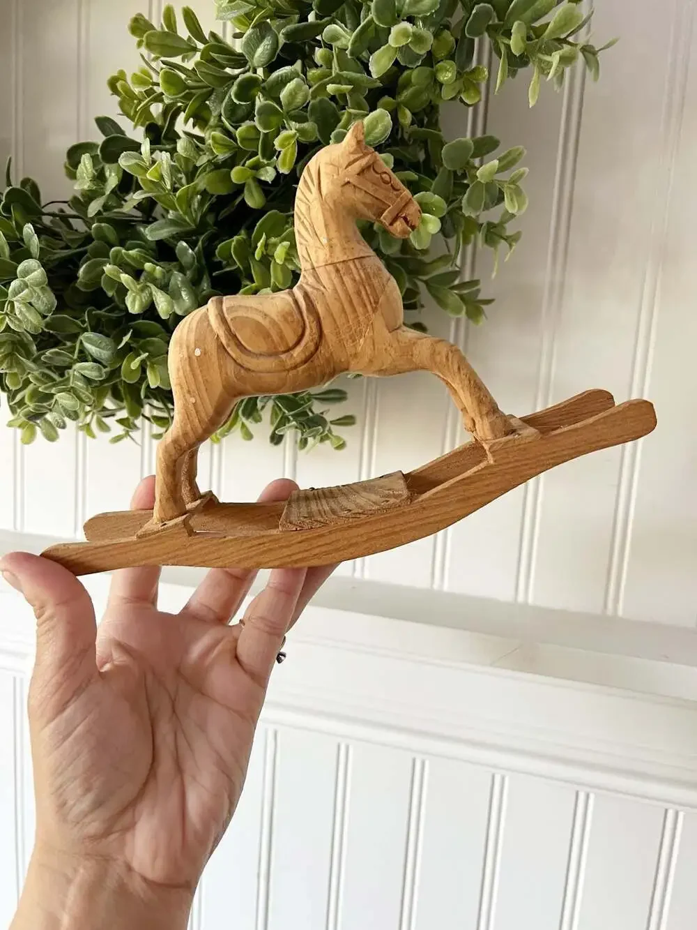 Vintage Hand-Carved Wooden Rocking Horse Tabletop Figurine Decor